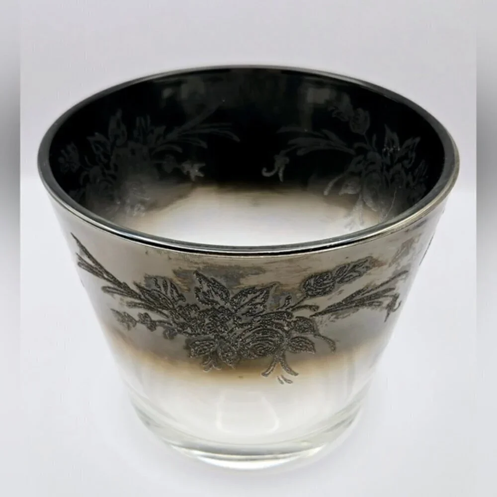 Mid Century Glass Ice Bucket With Silver Rim that Ombre Fades & Silver
